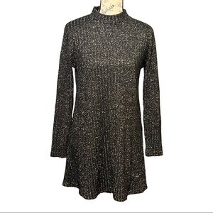 Urban Outfitters High-Neck Fit-n-Flare Skater Dress Black Metallic Ribbed Mini